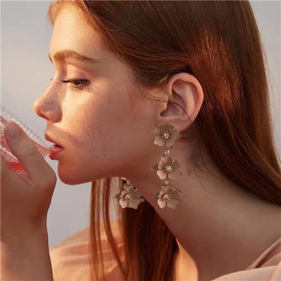 Brown Matte Flower Dangle Earrings Tiered Floral Drop Stud Chandelier Earrings - Picture 2 of 5